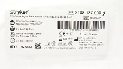 Stryker 2108-137-000 Series Sagittal Blade Sternum 80.0 x 0.64 x 28.5mm (x)